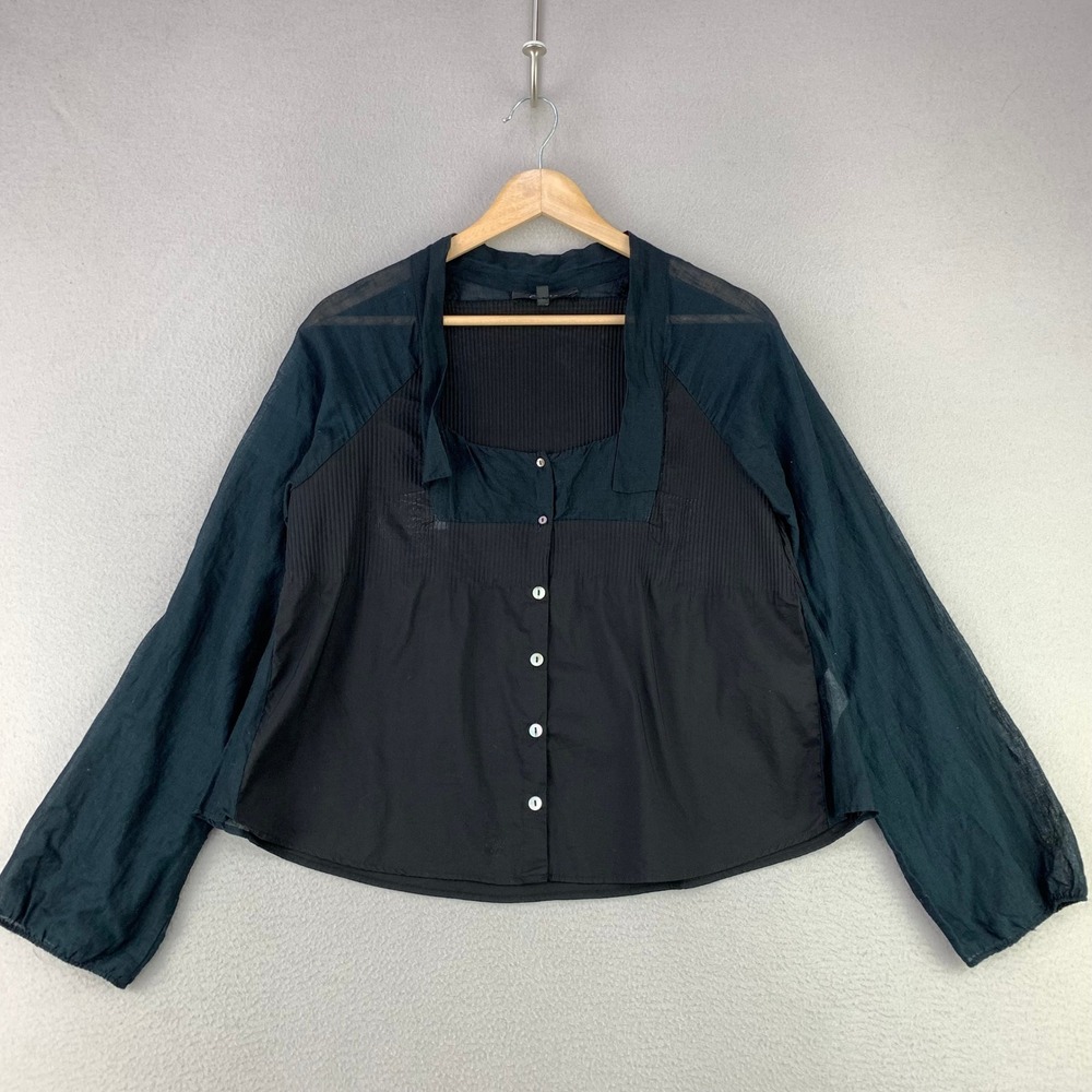 Cotélac Pintuck Button Front Blouse Womens M Black Sleeve Cotton French Office